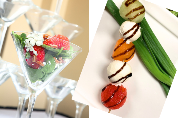 catering menu items spinach, strawberry, candied pecan salad and melon skewers